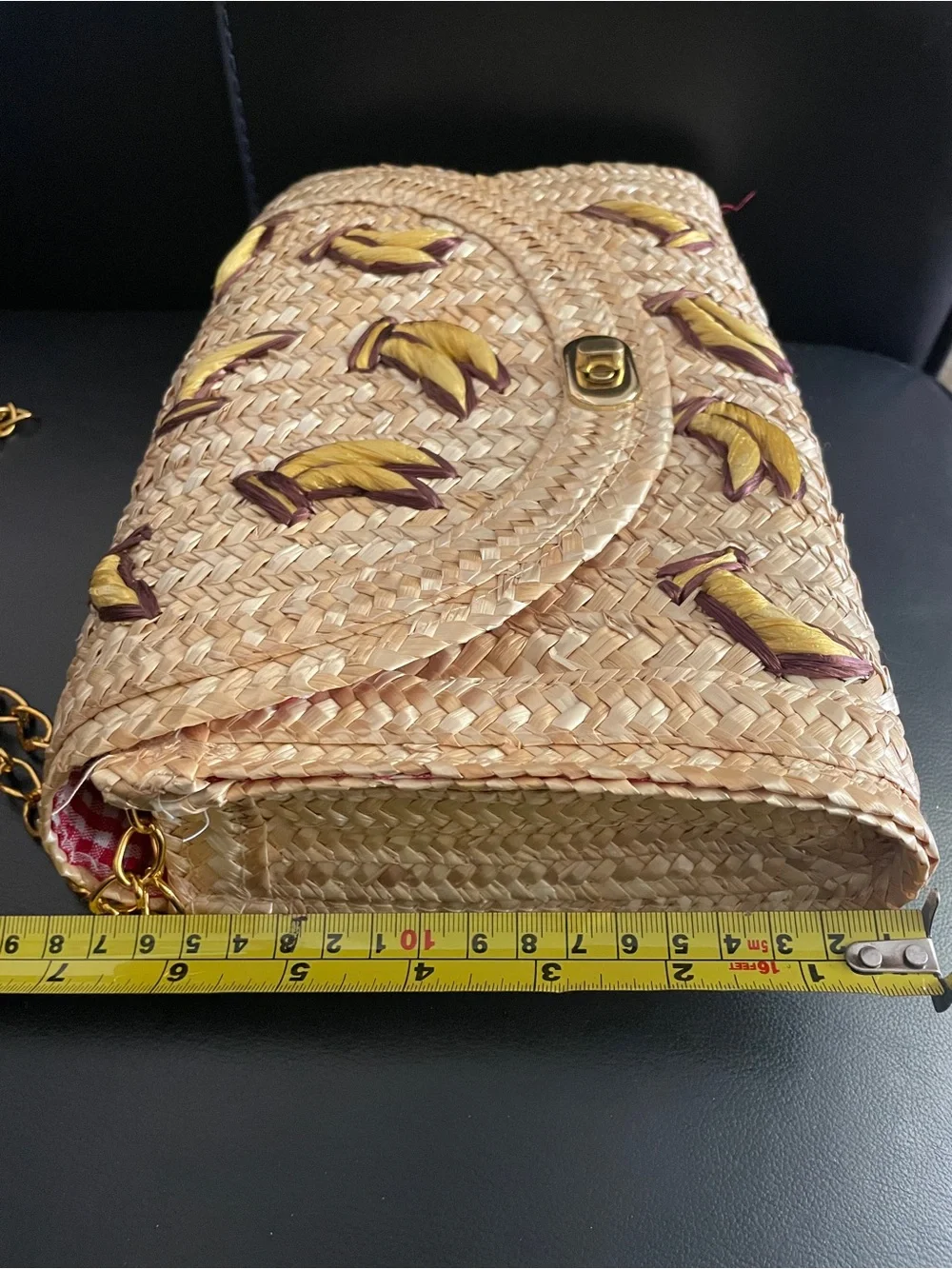 Woven Straw Banana Embroidered Shoulder Bag Natural gold tone chain kawaii pinup